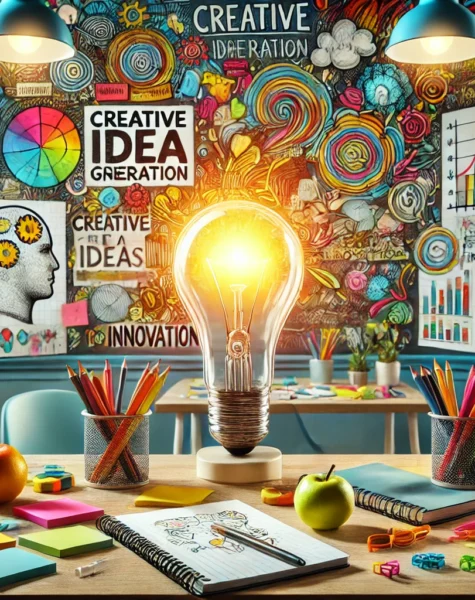 DALL·E 2024-12-04 13.50.00 - A vibrant and imaginative workspace dedicated to creative idea generation. The scene includes a desk filled with brainstorming tools such as sticky no