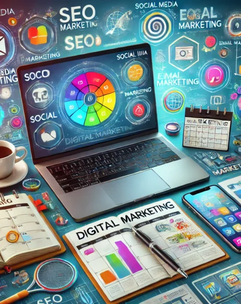 DALL·E 2024-12-04 13.53.16 - A creative and professional digital marketing setup featuring a laptop displaying a social media marketing dashboard, surrounded by elements like a ca DALL·E 2024-12-04 13.53.16 - A creative and professional digital marketing setup featuring a laptop displaying a social media marketing dashboard, surrounded by elements like a ca