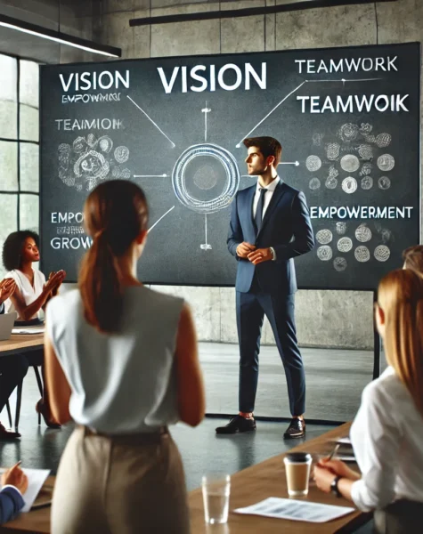 DALL·E 2024-12-04 14.03.40 - A professional leadership scene showing a team leader in a business setting, standing confidently in front of a group during a presentation. The envir DALL·E 2024-12-04 14.03.40 - A professional leadership scene showing a team leader in a business setting, standing confidently in front of a group during a presentation. The envir